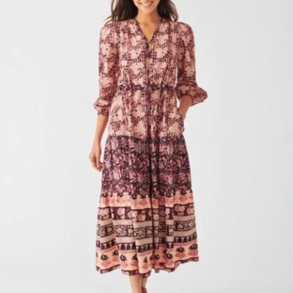 Faherty Idina Block Print Maxi Tiered Dress Kingsley Block Print Large